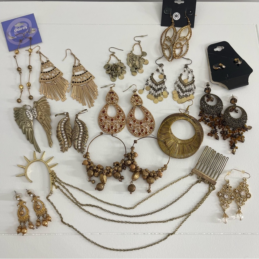 Gold bronze earring lot costume jewelry 15 pairs earrings